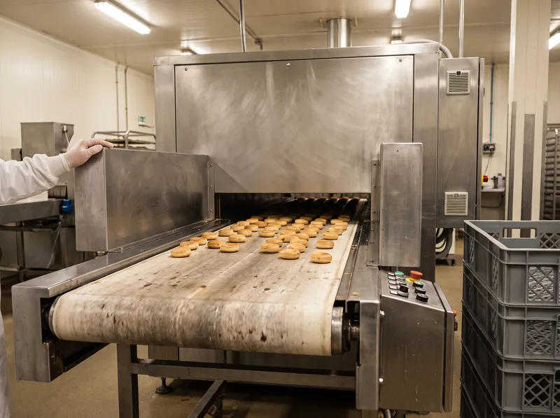 Product on a stainless conveyor running into a dryer, with an operator's gloved hand on the guard