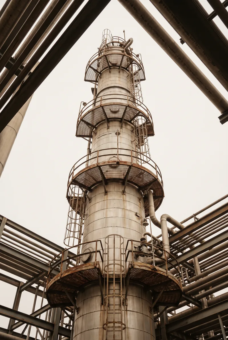 A refinery distillation column ringed by access platforms, seen from its base