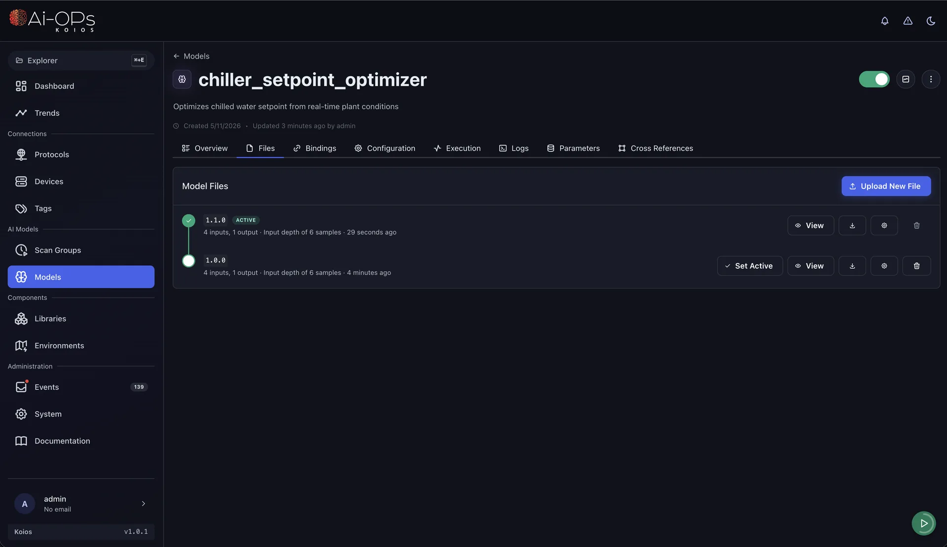 Ronin model lifecycle — versioned model files with the active release highlighted